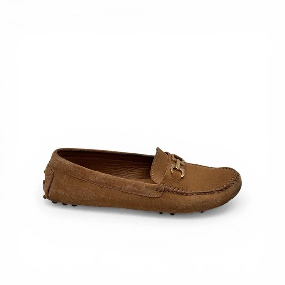 Salvatore Ferragamo Gancini Suede Driving Loafers Tan Gold - Picture 1 of 9